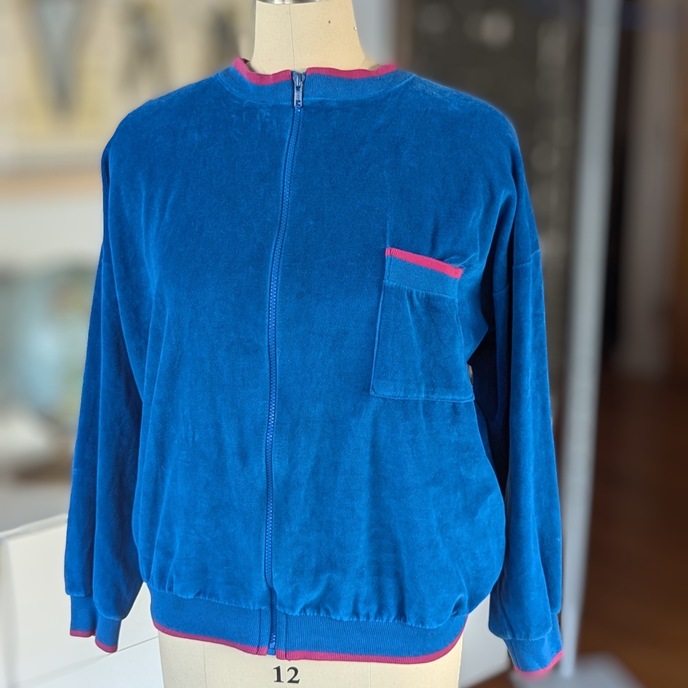 Vintage Cotton Velour Blue sweatshirt Jacket with Pink Accents L/XL